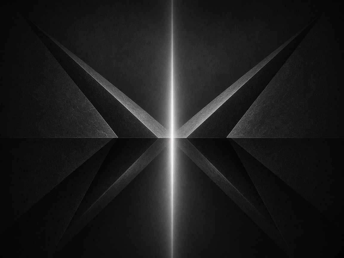 Abstract monochrome duality — light dividing mirrored geometric forms