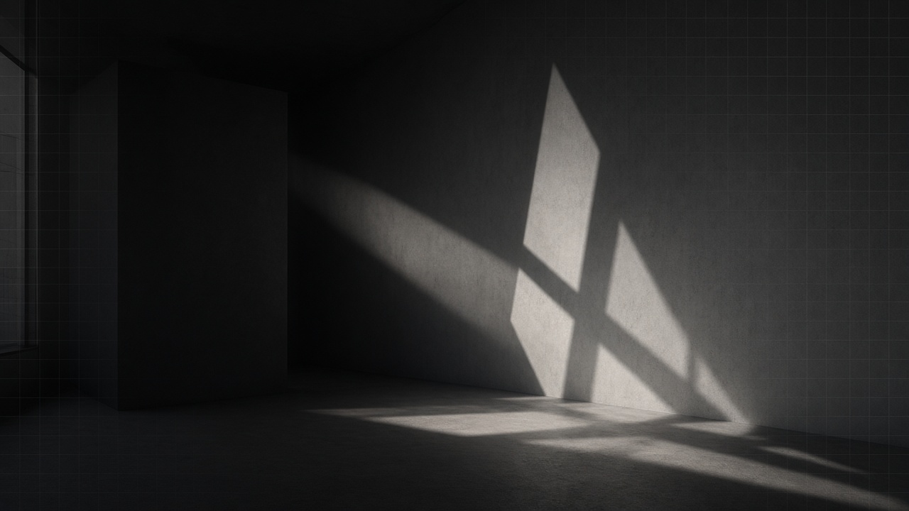 Minimal monochrome studio space with geometric light and architectural calm