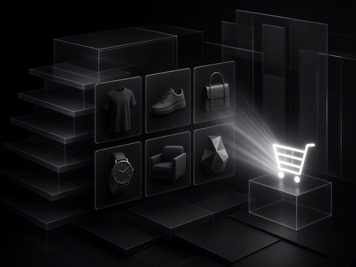 Abstract monochrome storefront layers and product grid — e-commerce development metaphor