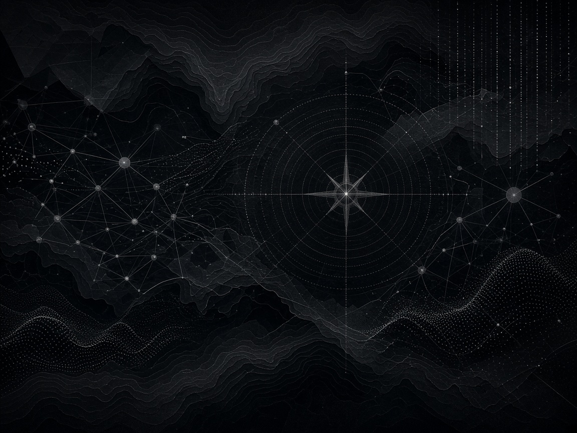 Abstract monochrome data nodes and mapping geometry — market research metaphor
