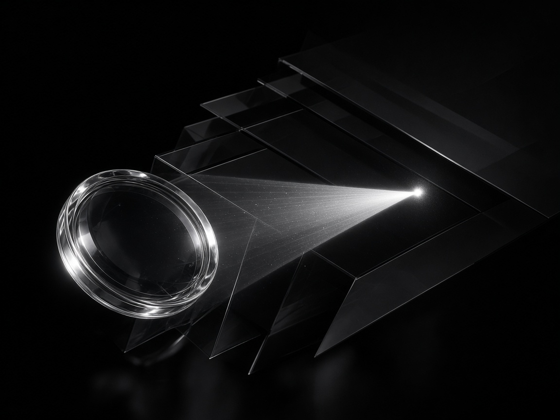 Abstract monochrome lens of light through layered glass — strategic clarity metaphor