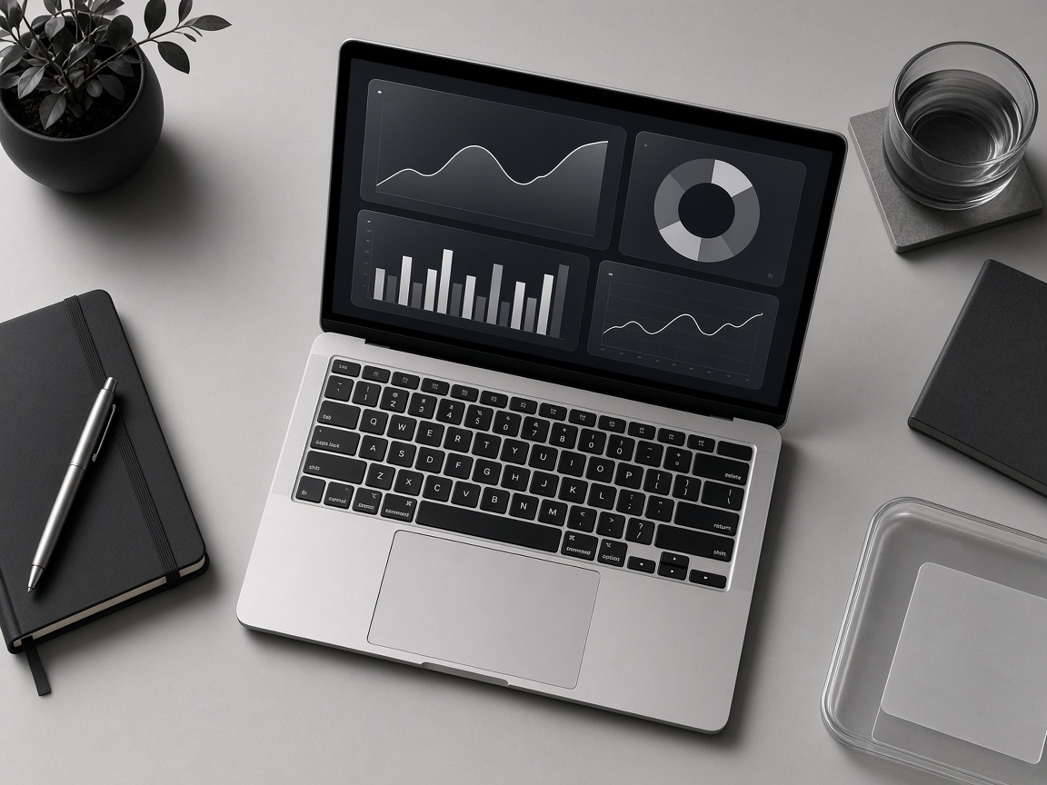 Abstract digital strategy workspace with analytics visualizations in monochrome